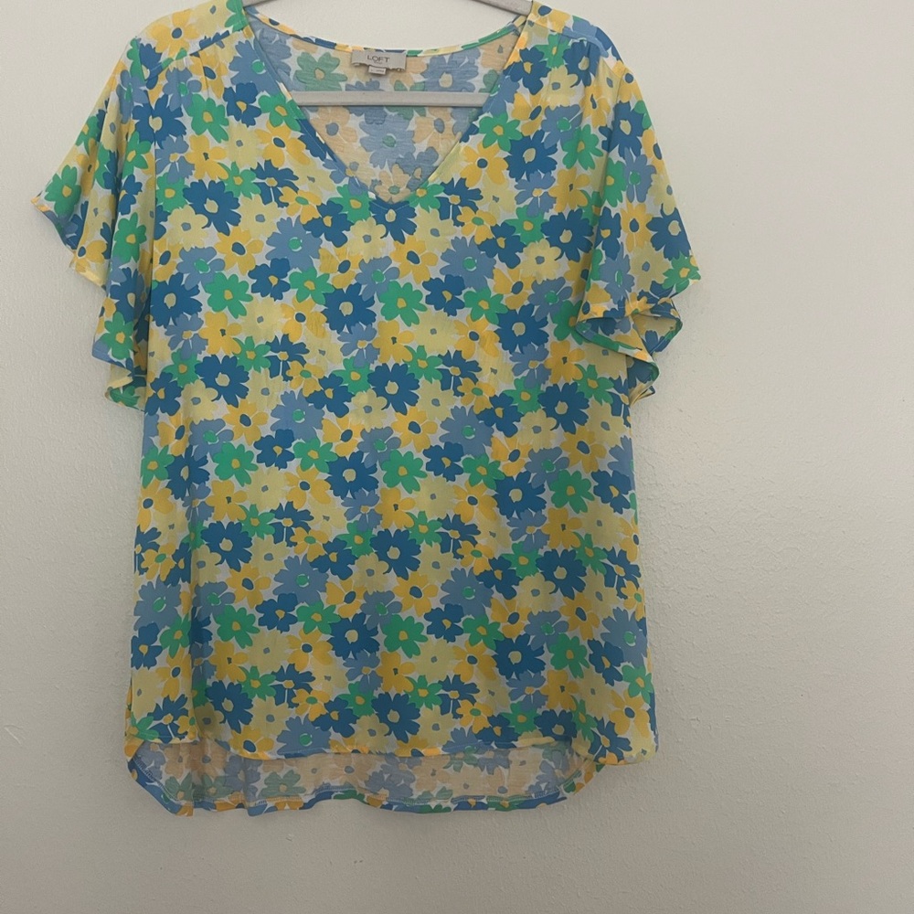LOFT Floral V-Neck Blouse in Blue and Yellow